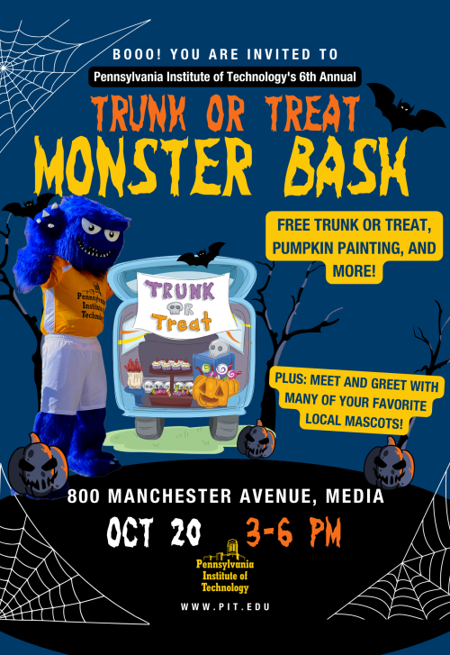 Halloween graphics with Garrie the P.I.T. Mascot next to a car trunk